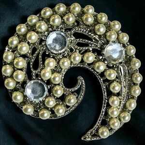Vintage Faux Pearl Rhinestone Swirl Brooch Silver Tone Filigree Victorian Style